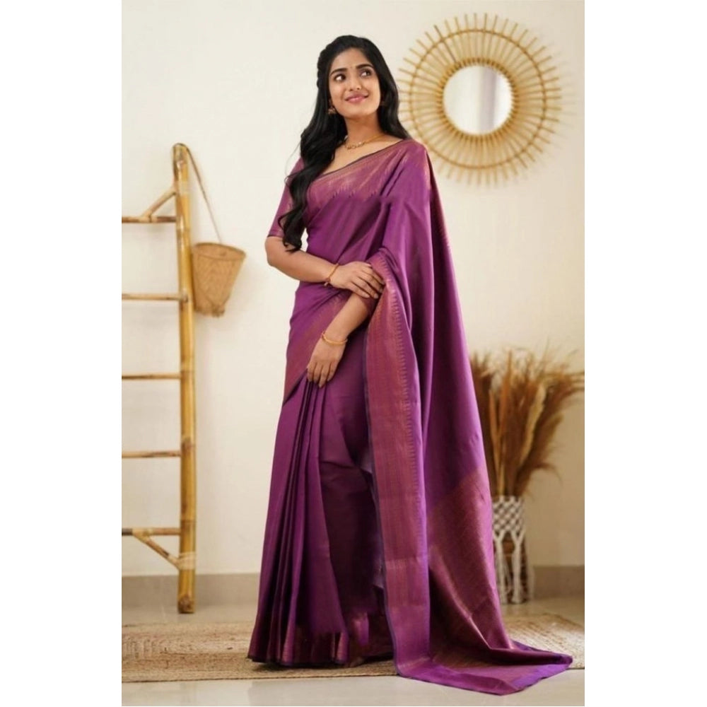 Women's Litchi silk Printed Saree With Unstitched Blouse (Purple) - VANSHELLE