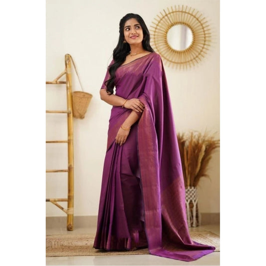 Women's Litchi silk Printed Saree With Unstitched Blouse (Purple) - VANSHELLE