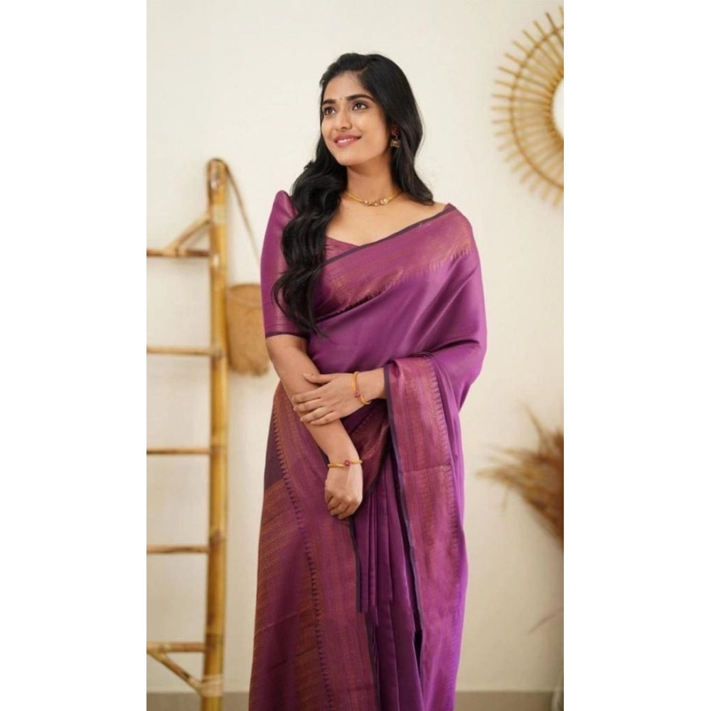 Women's Litchi silk Printed Saree With Unstitched Blouse (Purple) - VANSHELLE