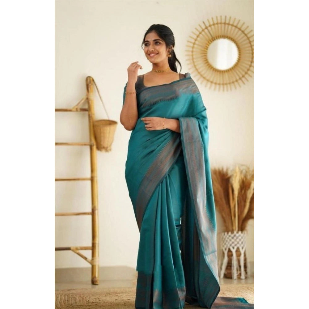 Women'S Litchi Silk Printed Saree With Unstitched Blouse (Rama