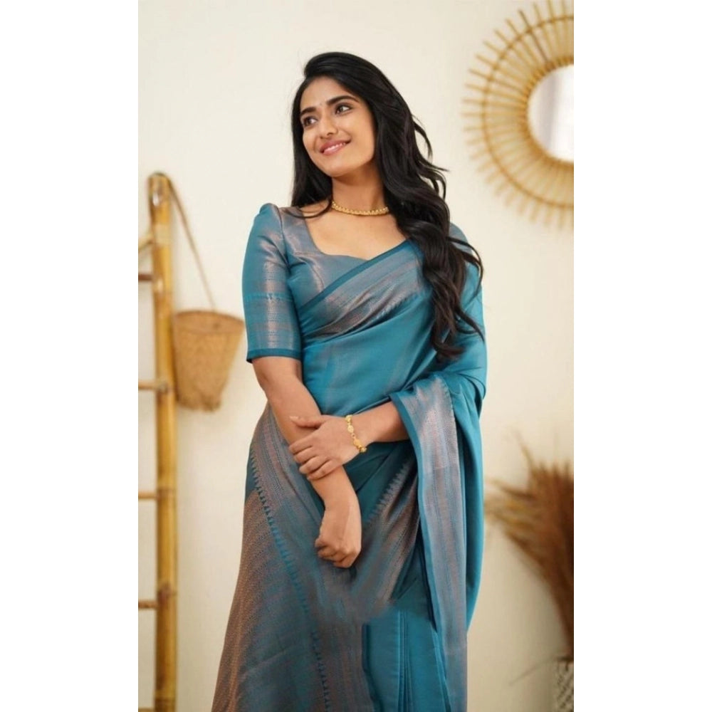Women'S Litchi Silk Printed Saree With Unstitched Blouse (Rama