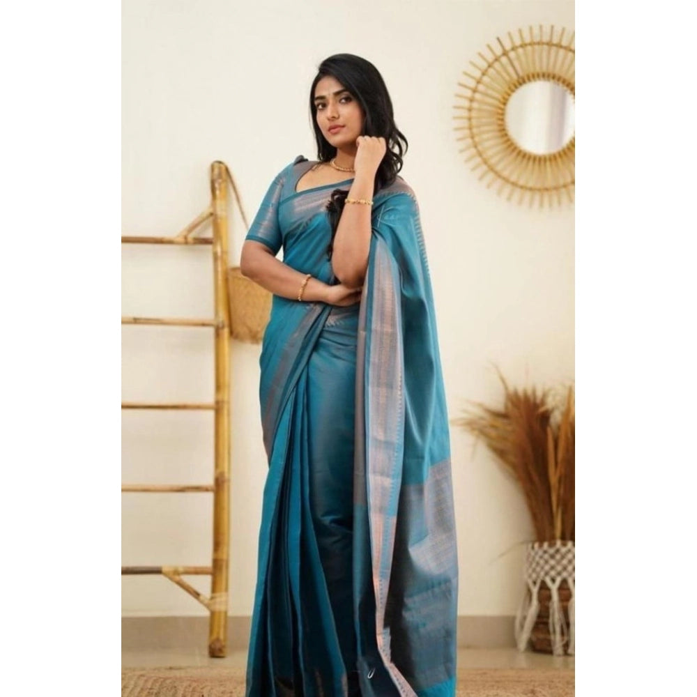 Women'S Litchi Silk Printed Saree With Unstitched Blouse (Rama