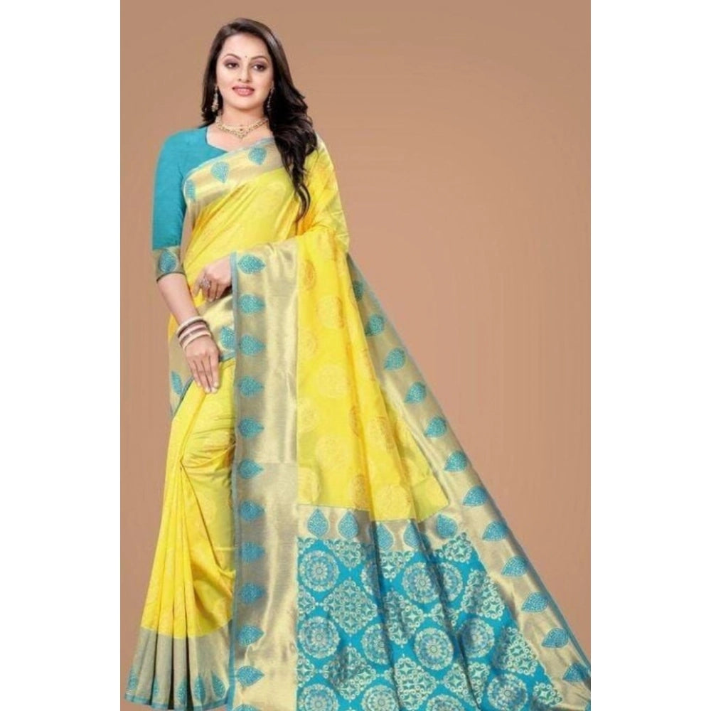 Women's Litchi silk Printed Saree With Unstitched Blouse (Yellow) - VANSHELLE