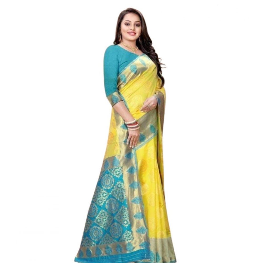 Women's Litchi silk Printed Saree With Unstitched Blouse (Yellow) - VANSHELLE