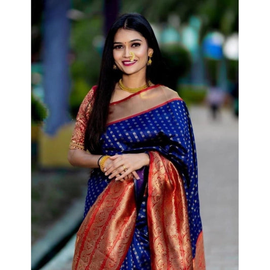 Women's Litchi silk Printed Saree With Unstitched Blouse (Blue) - VANSHELLE