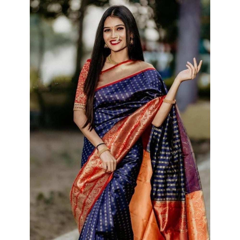 Women's Litchi silk Printed Saree With Unstitched Blouse (Blue) - VANSHELLE
