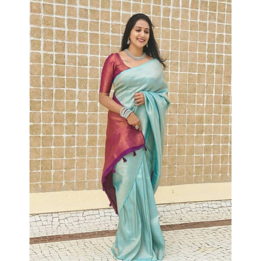 Women's Litchi silk Printed Saree With Unstitched Blouse (Blue) - VANSHELLE