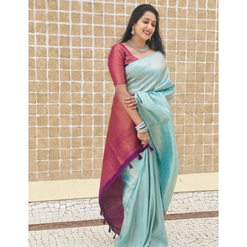 Women's Litchi silk Printed Saree With Unstitched Blouse (Blue) - VANSHELLE