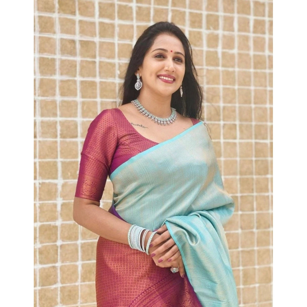 Women's Litchi silk Printed Saree With Unstitched Blouse (Blue) - VANSHELLE