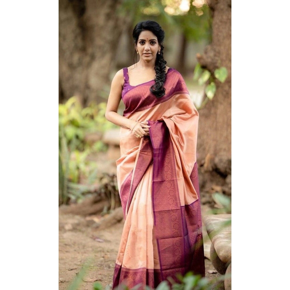 Women'S Litchi Silk Printed Saree With Unstitched Blouse (Beig