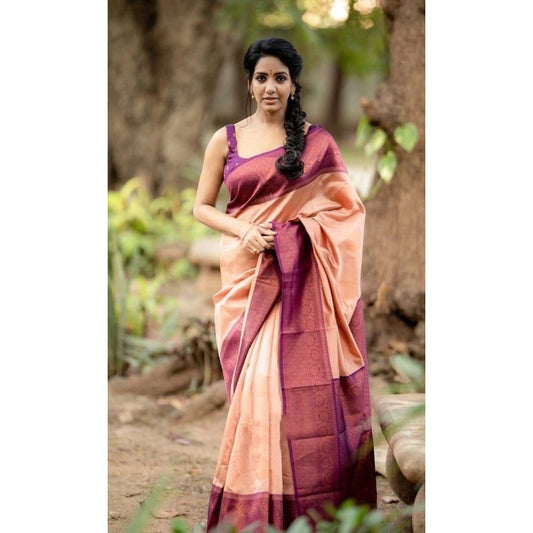 Women'S Litchi Silk Printed Saree With Unstitched Blouse (Beig