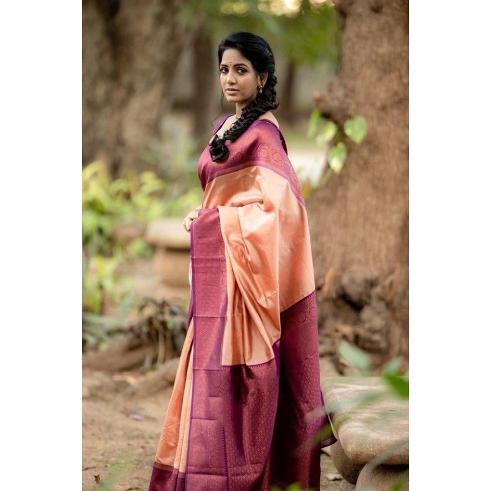 Women'S Litchi Silk Printed Saree With Unstitched Blouse (Beig
