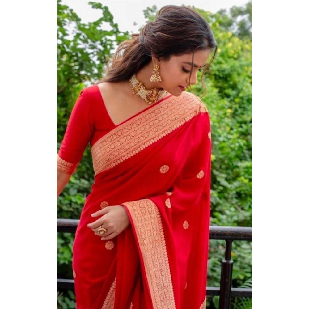 Women's Litchi silk Printed Saree With Unstitched Blouse (Red) - VANSHELLE