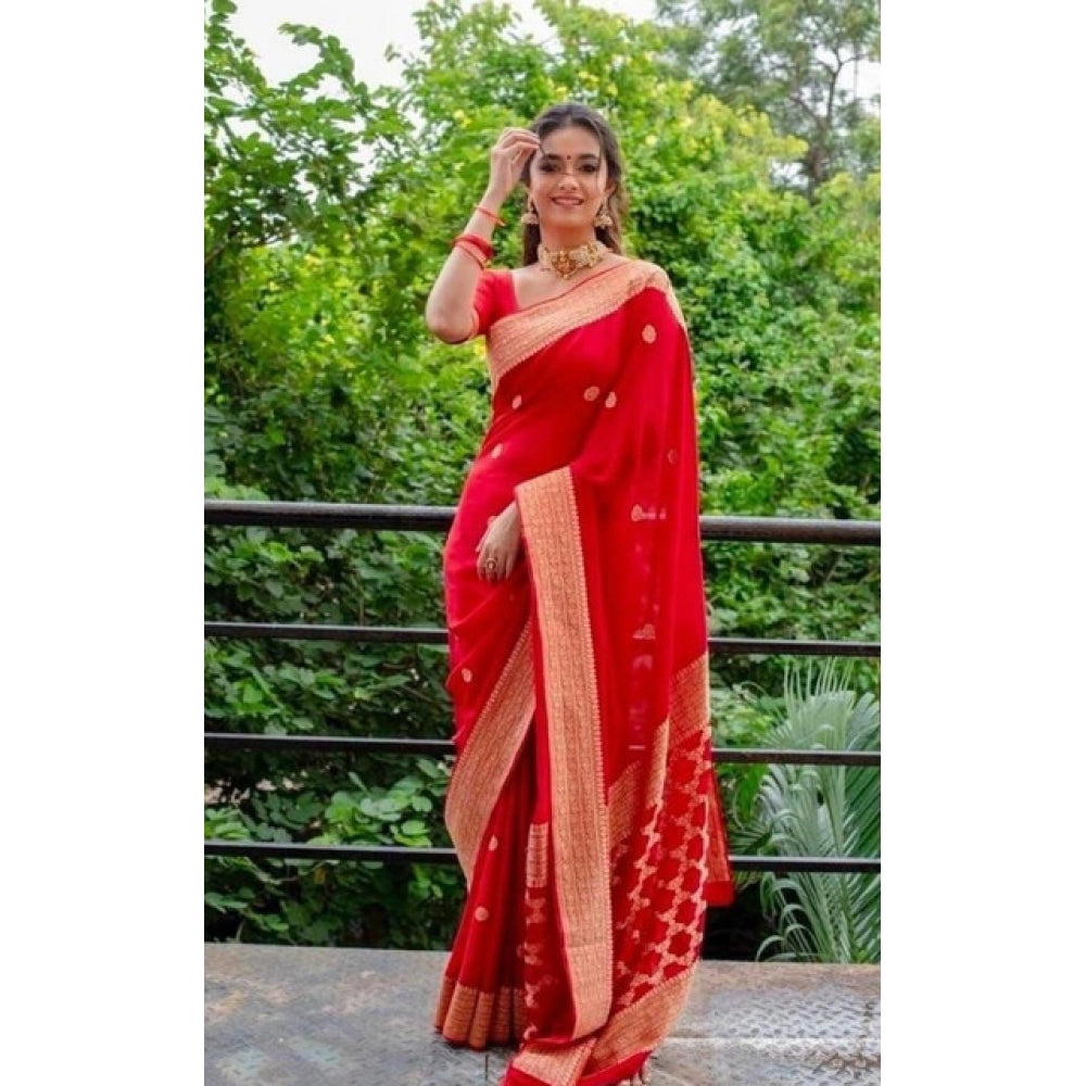 Women's Litchi silk Printed Saree With Unstitched Blouse (Red) - VANSHELLE