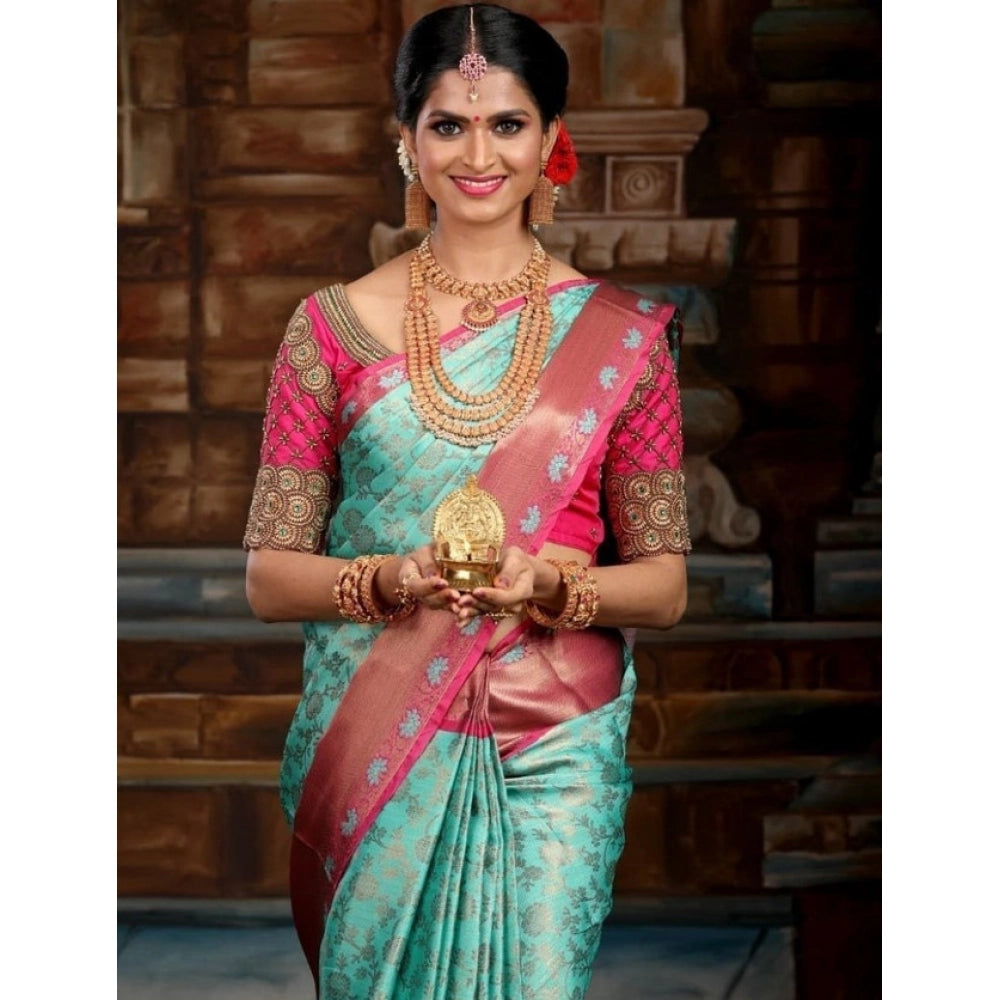Women'S Litchi Silk Printed Saree With Unstitched Blouse (Turq