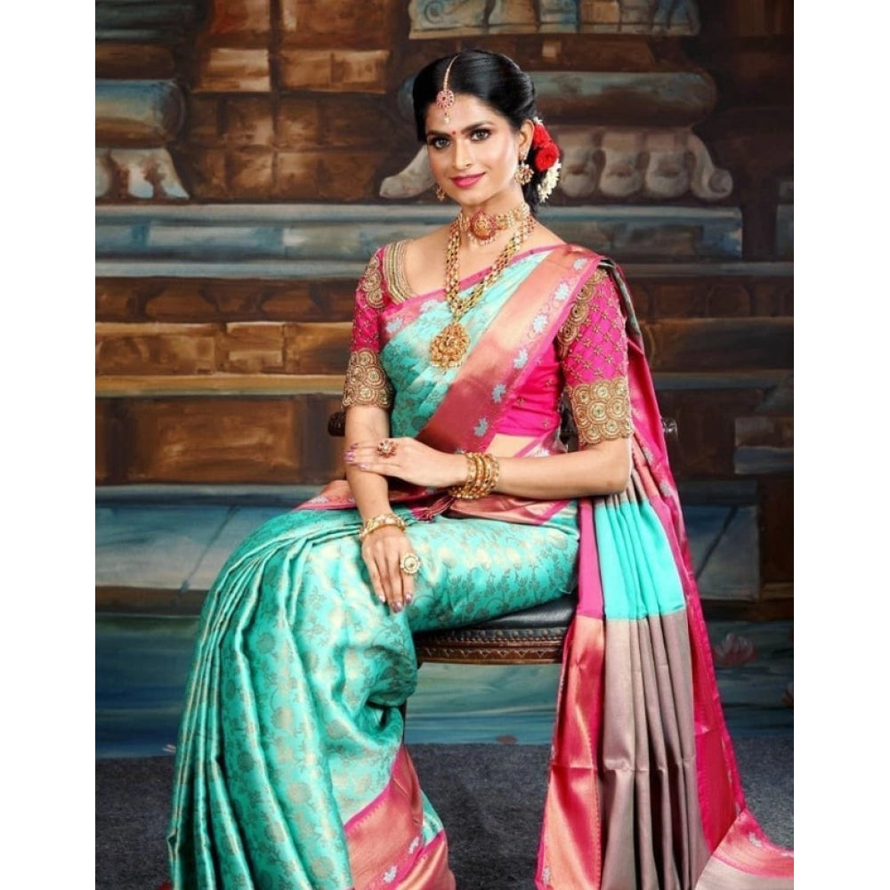 Women'S Litchi Silk Printed Saree With Unstitched Blouse (Turq