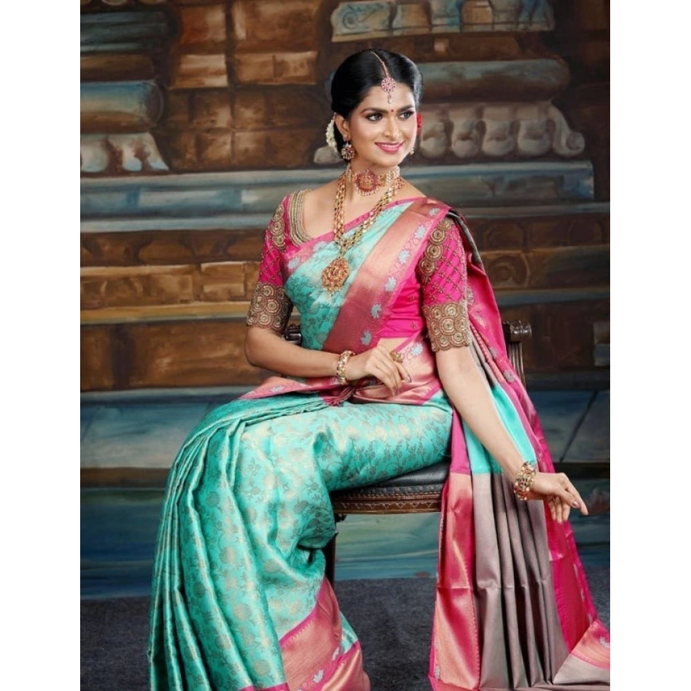 Women'S Litchi Silk Printed Saree With Unstitched Blouse (Turq