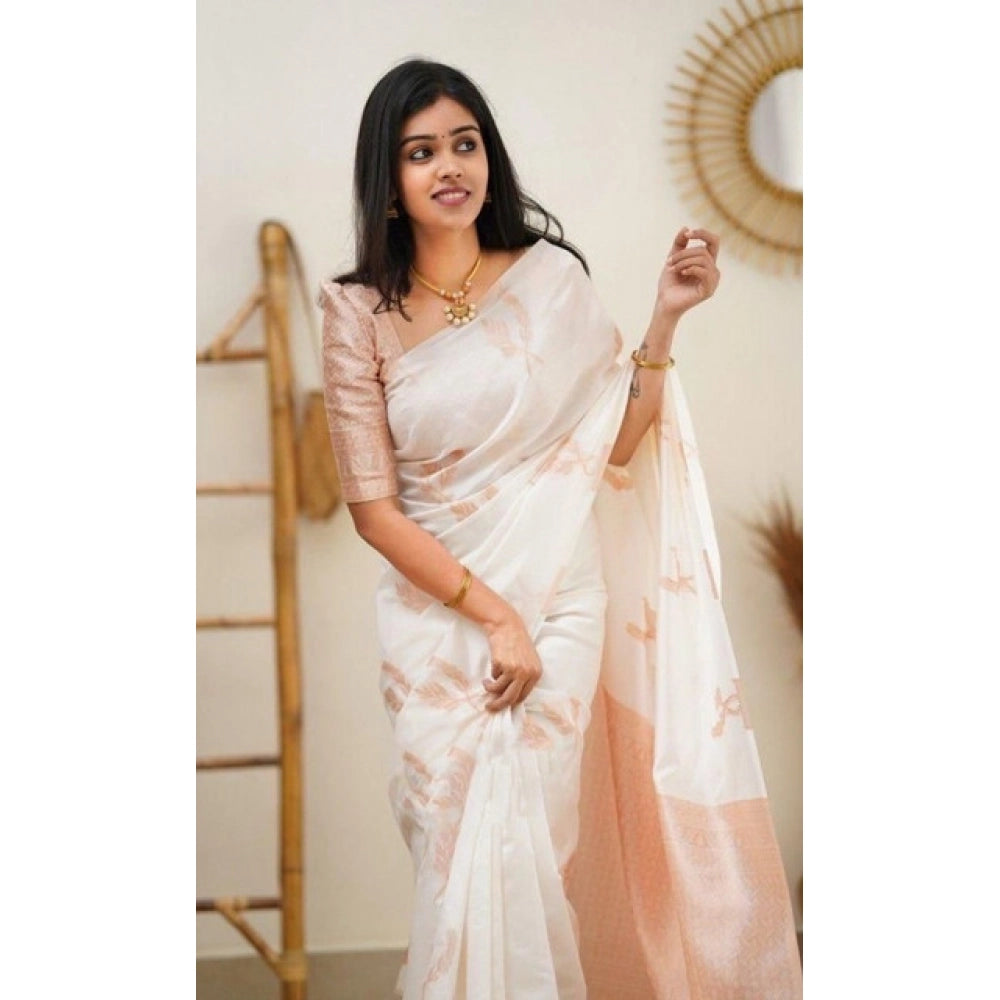 Women'S Litchi Silk Printed Saree With Unstitched Blouse (Whit