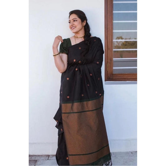 Women'S Litchi Silk Printed Saree With Unstitched Blouse (Blac