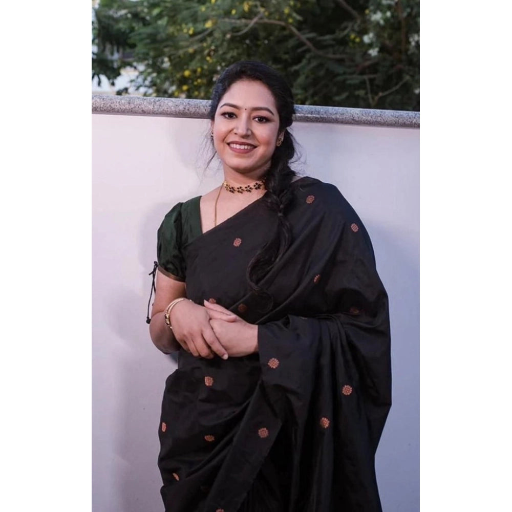 Women'S Litchi Silk Printed Saree With Unstitched Blouse (Blac