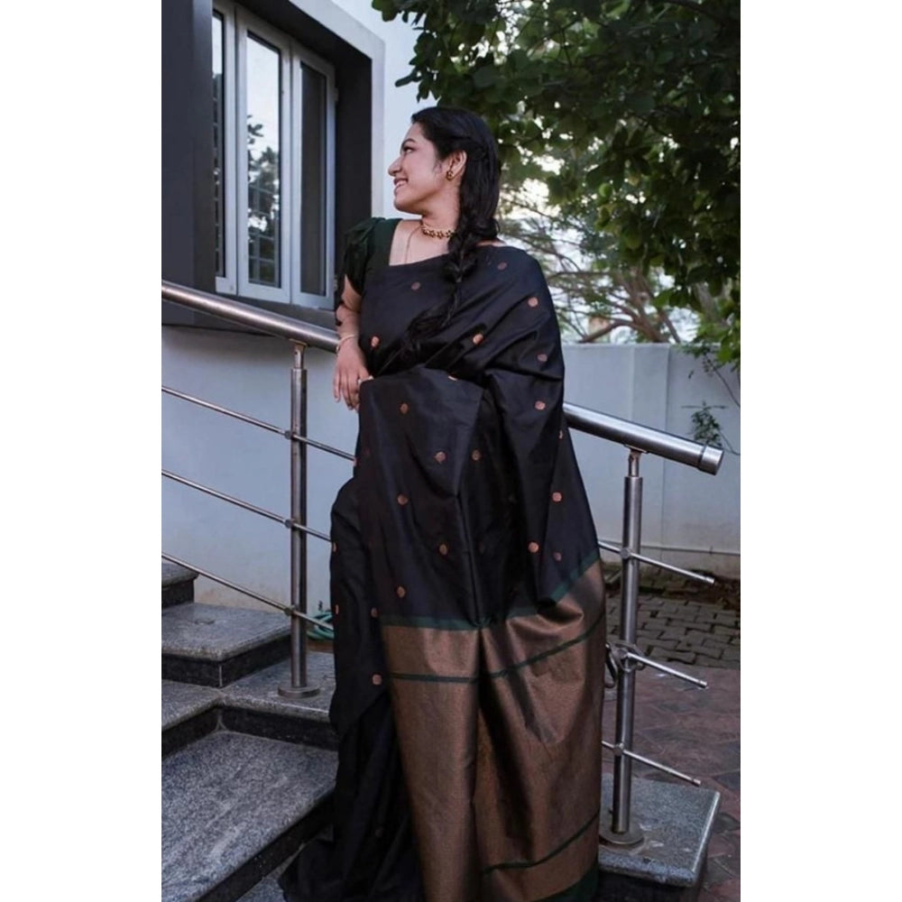 Women'S Litchi Silk Printed Saree With Unstitched Blouse (Blac