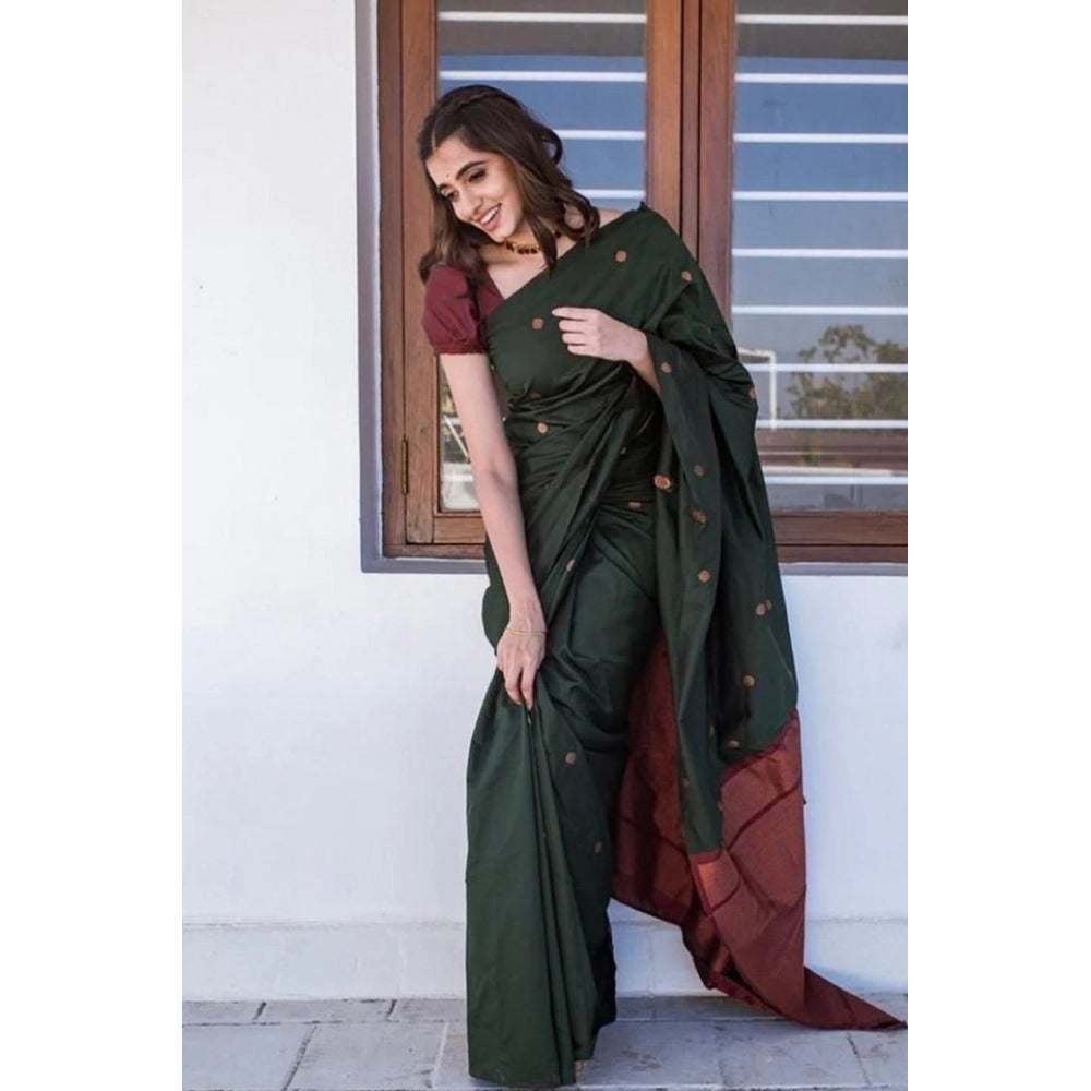 Women's Litchi silk Printed Saree With Unstitched Blouse (Dark Green) - VANSHELLE