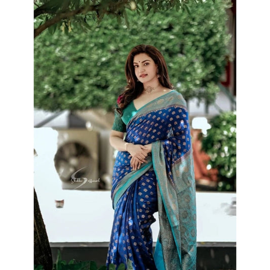 Women'S Litchi Silk Printed Saree With Unstitched Blouse (Navy