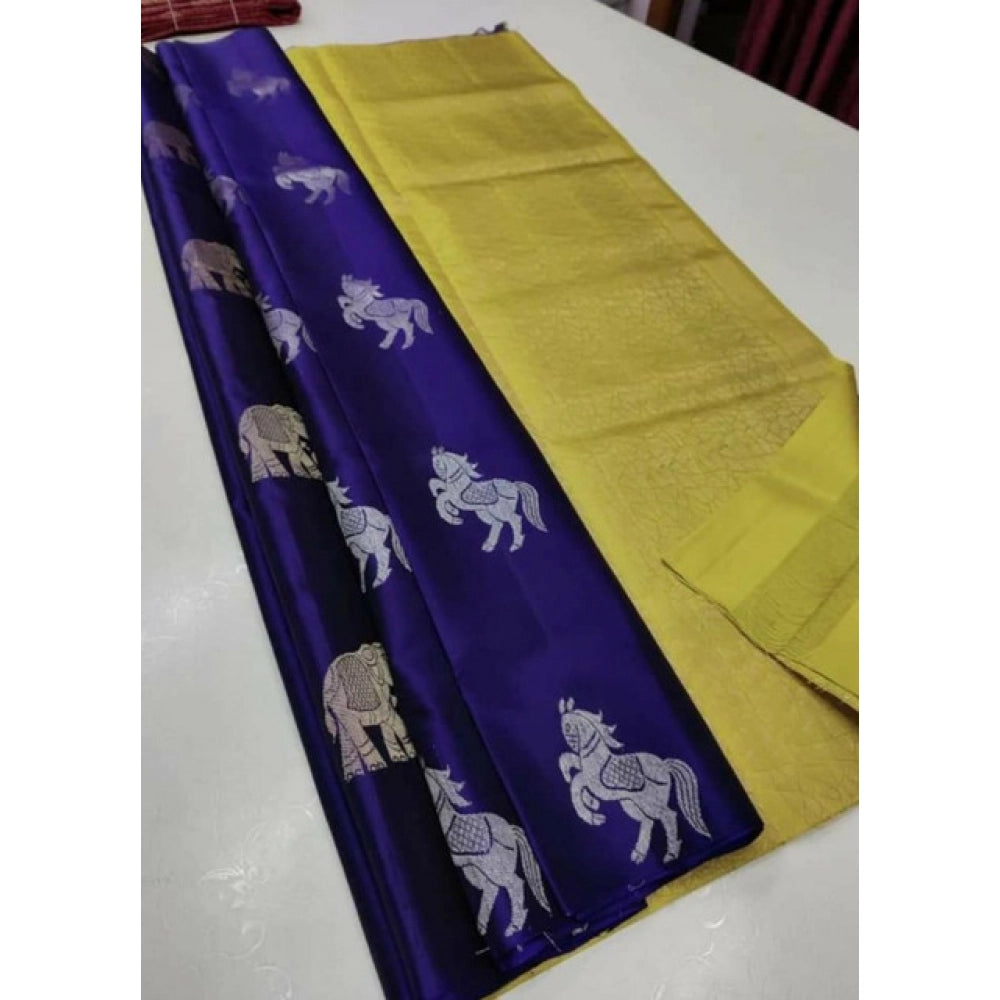 Women'S Litchi Silk Printed Saree With Unstitched Blouse (Navy