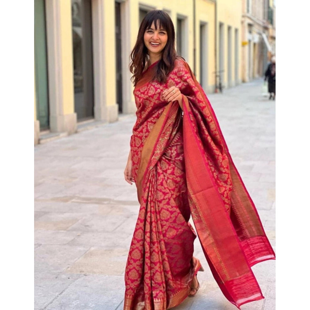 Women's Litchi silk Printed Saree With Unstitched Blouse (Red) - VANSHELLE