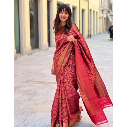 Women's Litchi silk Printed Saree With Unstitched Blouse (Red) - VANSHELLE