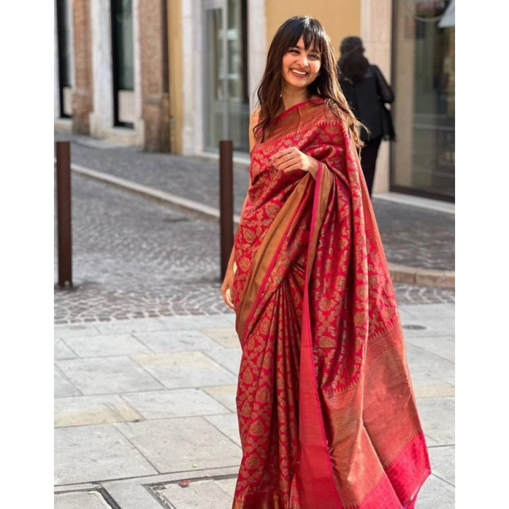 Women's Litchi silk Printed Saree With Unstitched Blouse (Red) - VANSHELLE