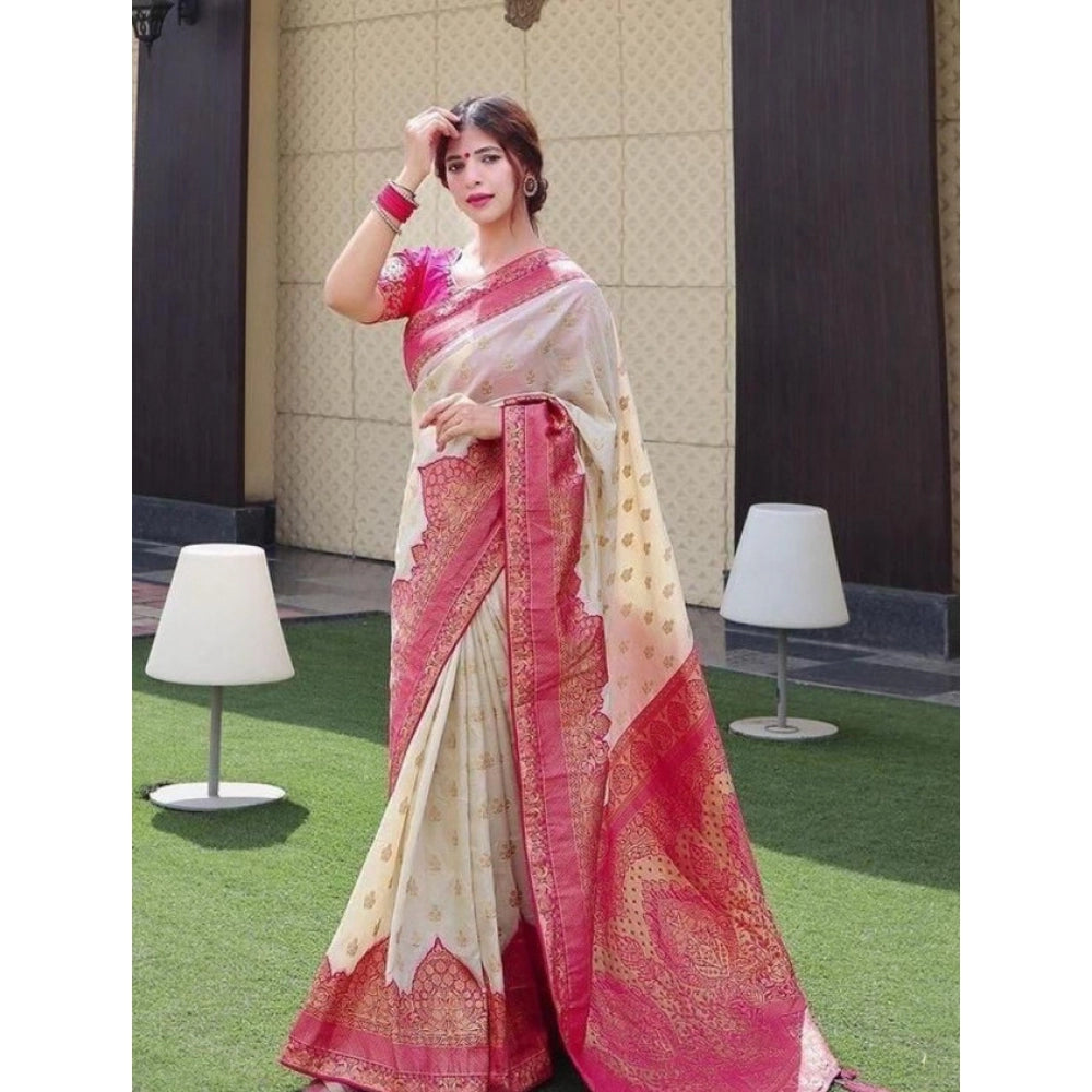 Women'S Litchi Silk Printed Saree With Unstitched Blouse (Half