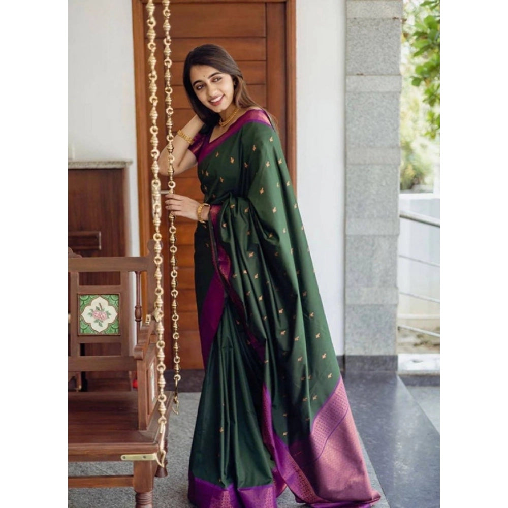 Women's Litchi silk Printed Saree With Unstitched Blouse (Dark Green) - VANSHELLE
