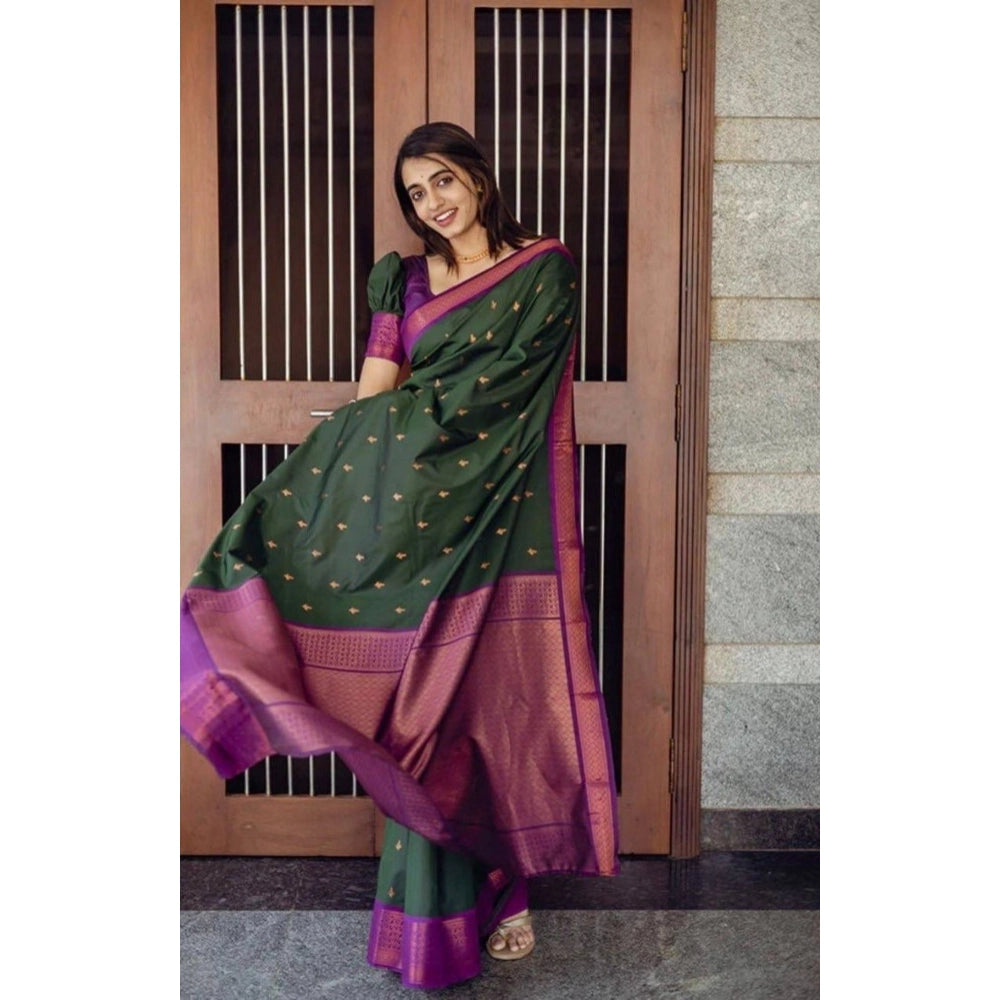 Women's Litchi silk Printed Saree With Unstitched Blouse (Dark Green) - VANSHELLE