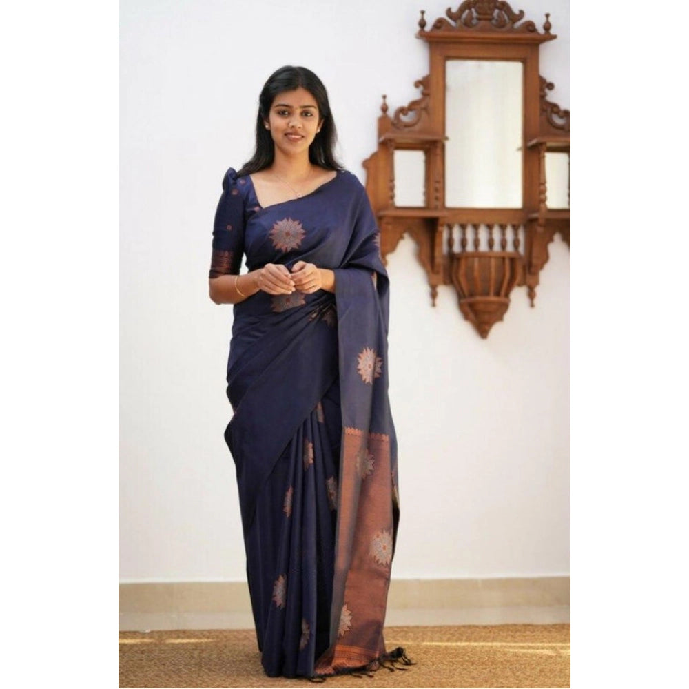 Women'S Litchi Silk Printed Saree With Unstitched Blouse (Dark
