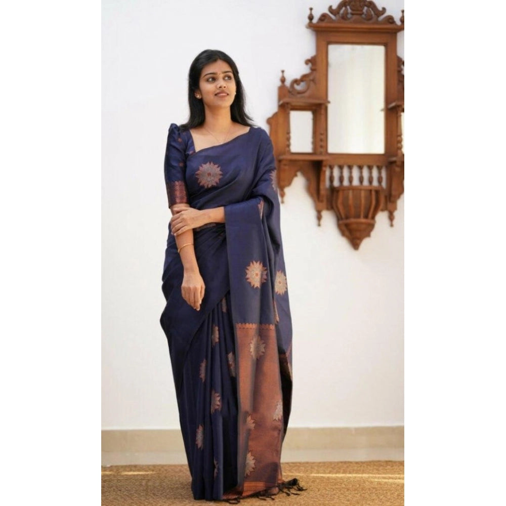 Women'S Litchi Silk Printed Saree With Unstitched Blouse (Dark