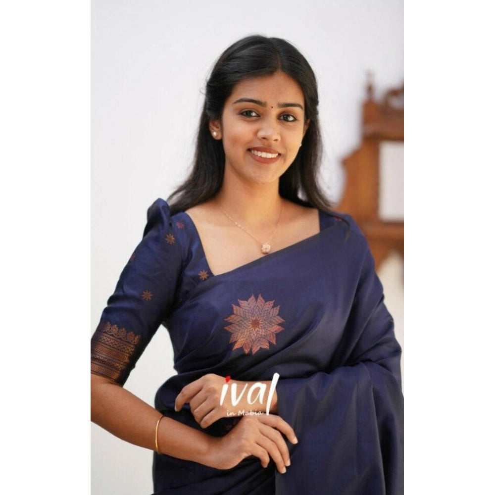 Women'S Litchi Silk Printed Saree With Unstitched Blouse (Dark