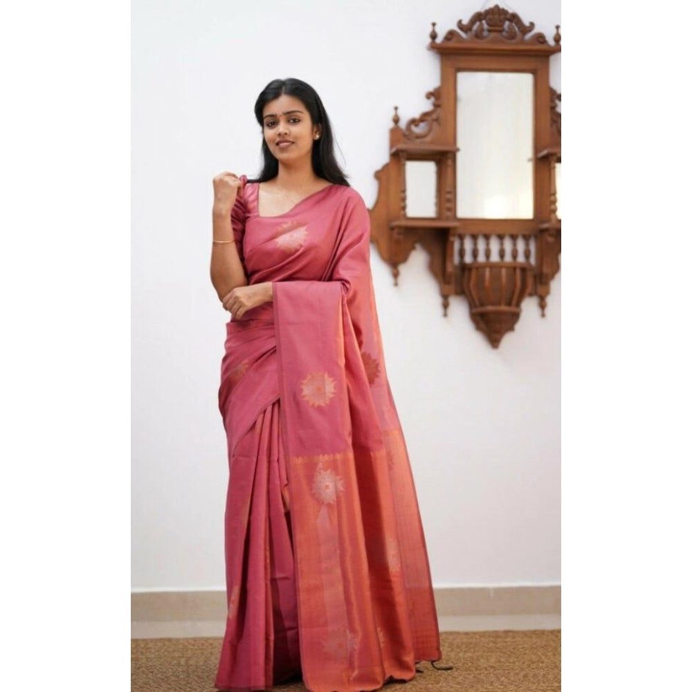 Women'S Litchi Silk Printed Saree With Unstitched Blouse (Peac