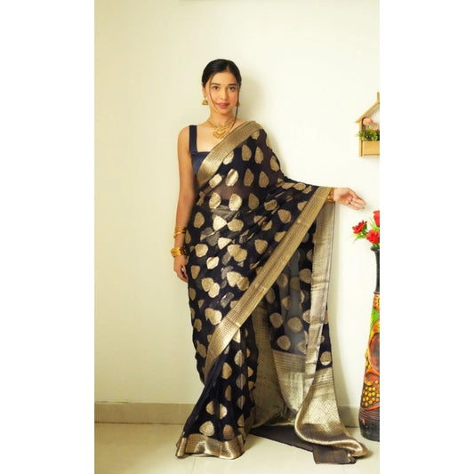 Women's Litchi silk Printed Saree With Unstitched Blouse (Black) - VANSHELLE