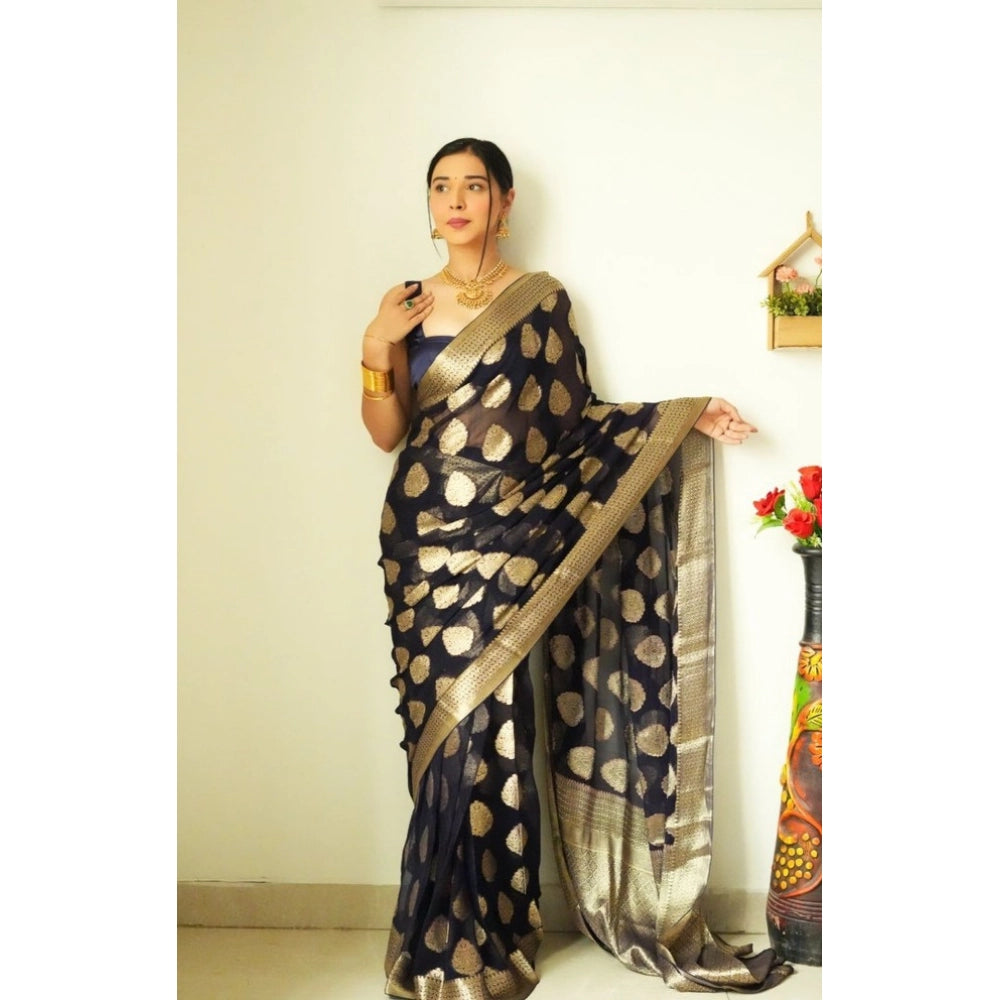 Women's Litchi silk Printed Saree With Unstitched Blouse (Black) - VANSHELLE