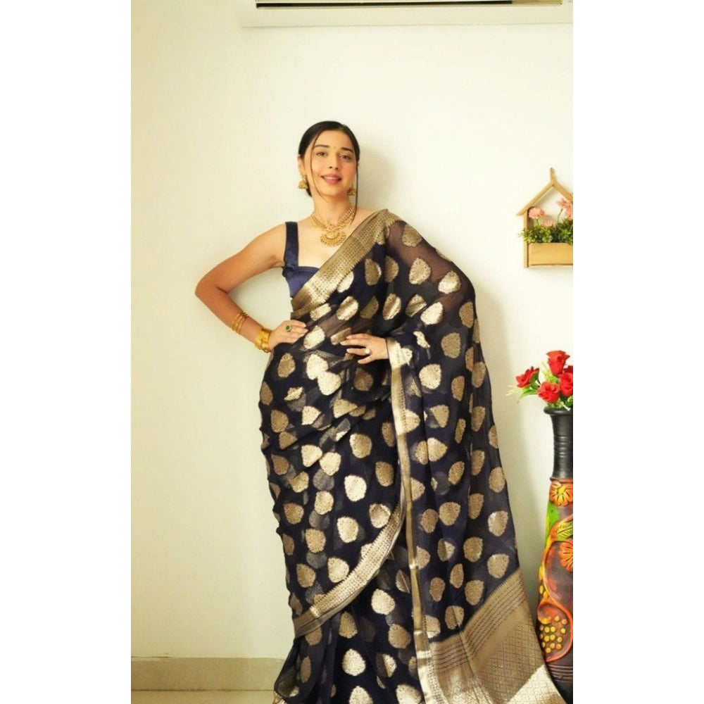 Women's Litchi silk Printed Saree With Unstitched Blouse (Black) - VANSHELLE