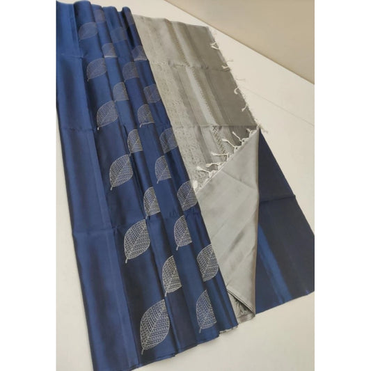 Women's Litchi silk Printed Saree With Unstitched Blouse (Dark Blue) - VANSHELLE