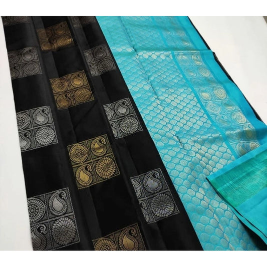 Women'S Litchi Silk Printed Saree With Unstitched Blouse (Blac