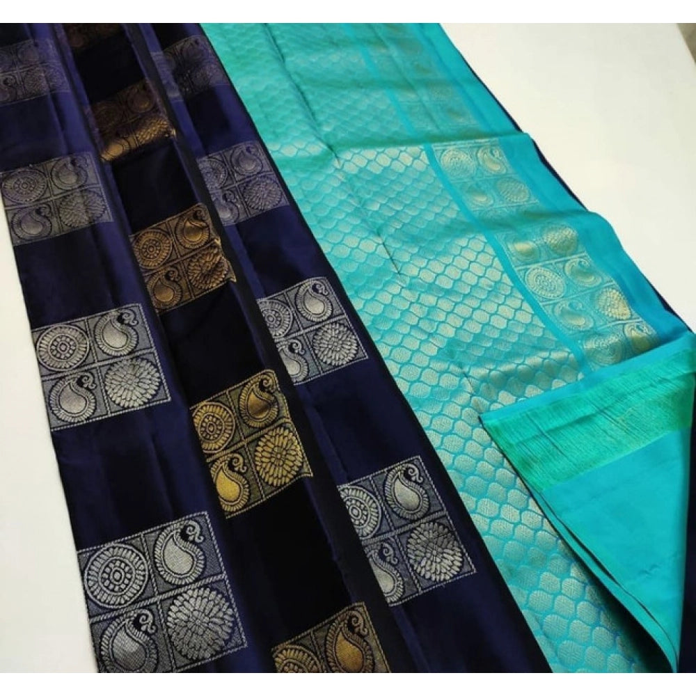 Women'S Litchi Silk Printed Saree With Unstitched Blouse (Navy