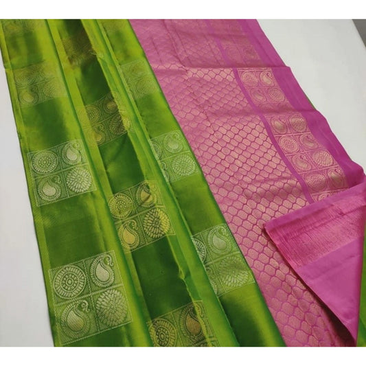 Women'S Litchi Silk Printed Saree With Unstitched Blouse (Gree