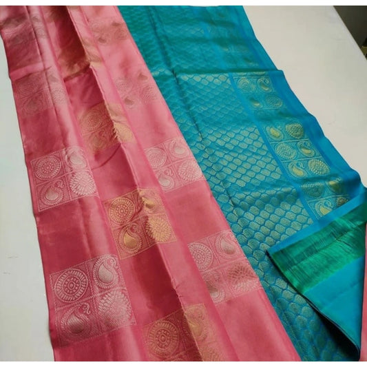 Women'S Litchi Silk Printed Saree With Unstitched Blouse (Peac