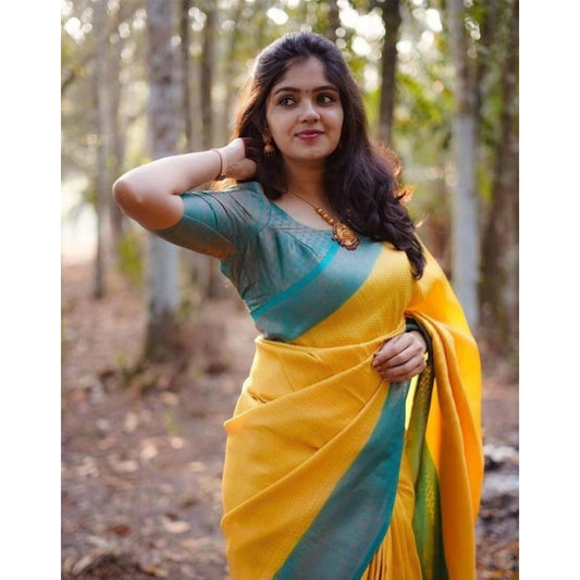 Women'S Litchi Silk Printed Saree With Unstitched Blouse (Yell