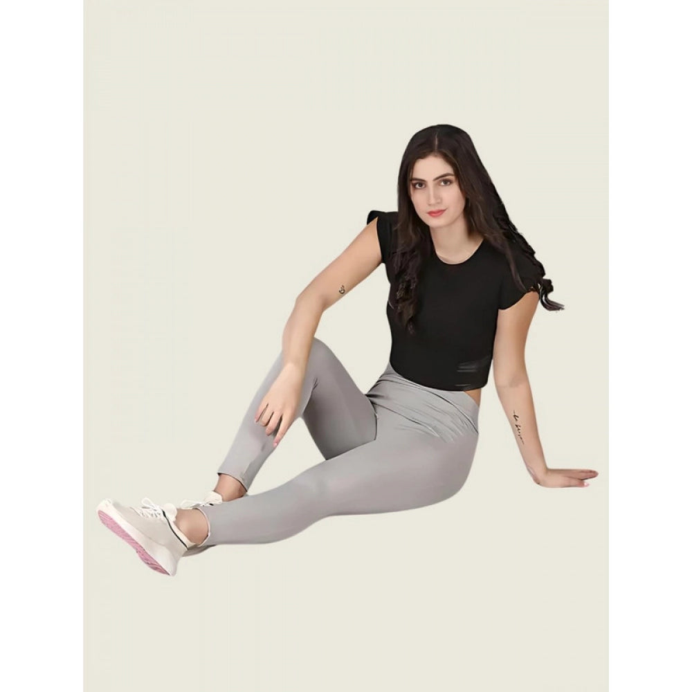 Women'S Polyester Solid Ankle Length High Waisted Tights (Grey