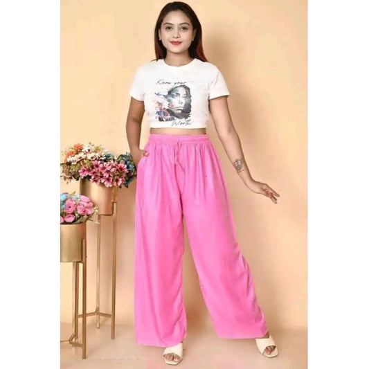 Women'S Casual Rayon Solid Ankle Length Palazzo (Pink, Free Si