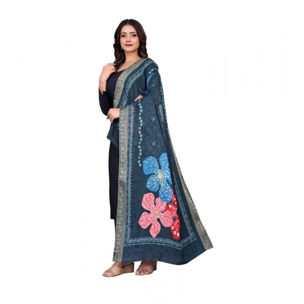 Women's chanderi silk Printed Dupatta (Navy Blue, Length: 2 Mtr) - VANSHELLE